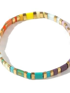 Rainbow Tila Bead Bracelet – Multicolour Gold Stretch Bracelet – Fun Stackable \